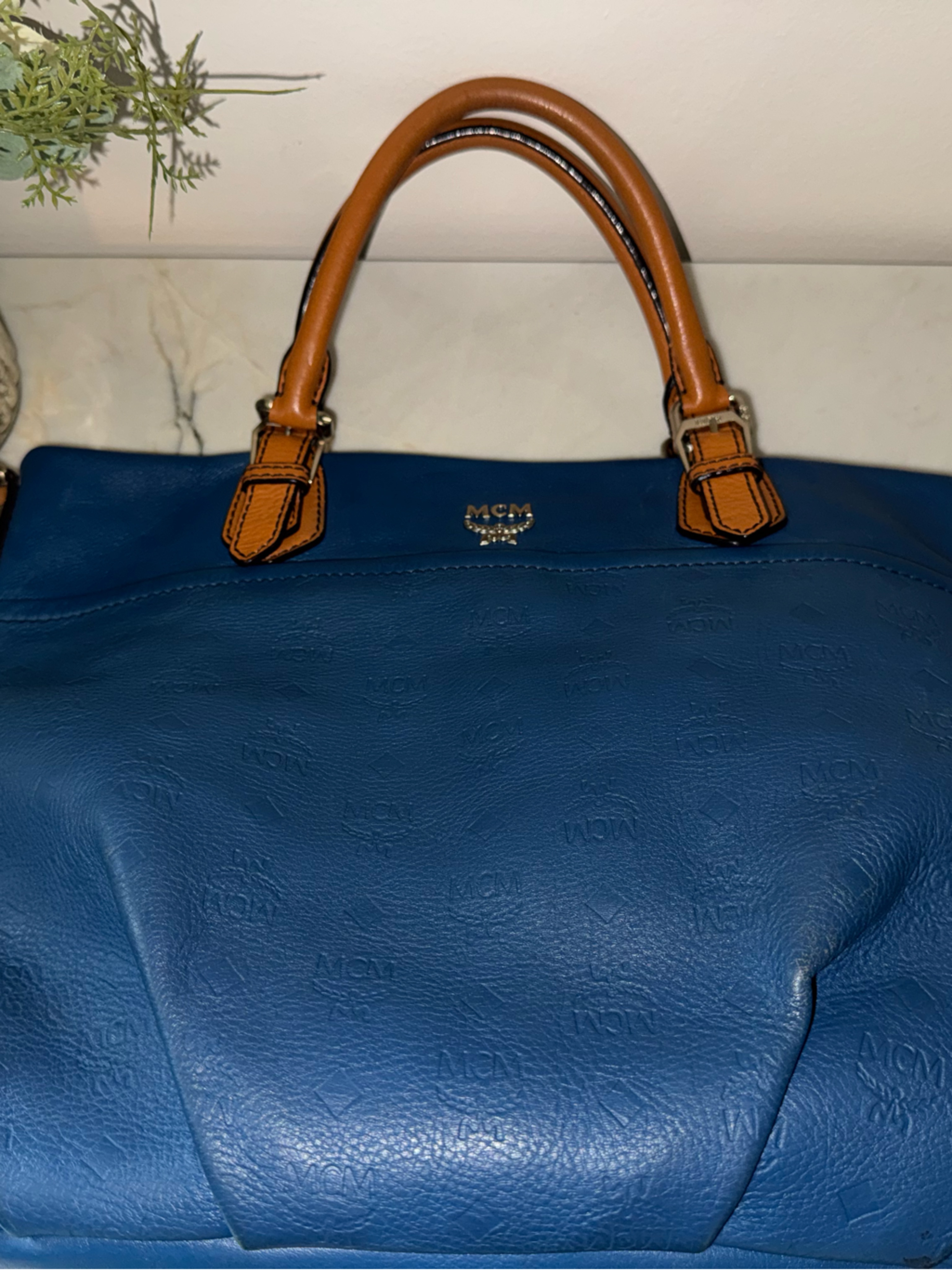 Authentic Mcm Blue Embossed Leather Hobo Bag